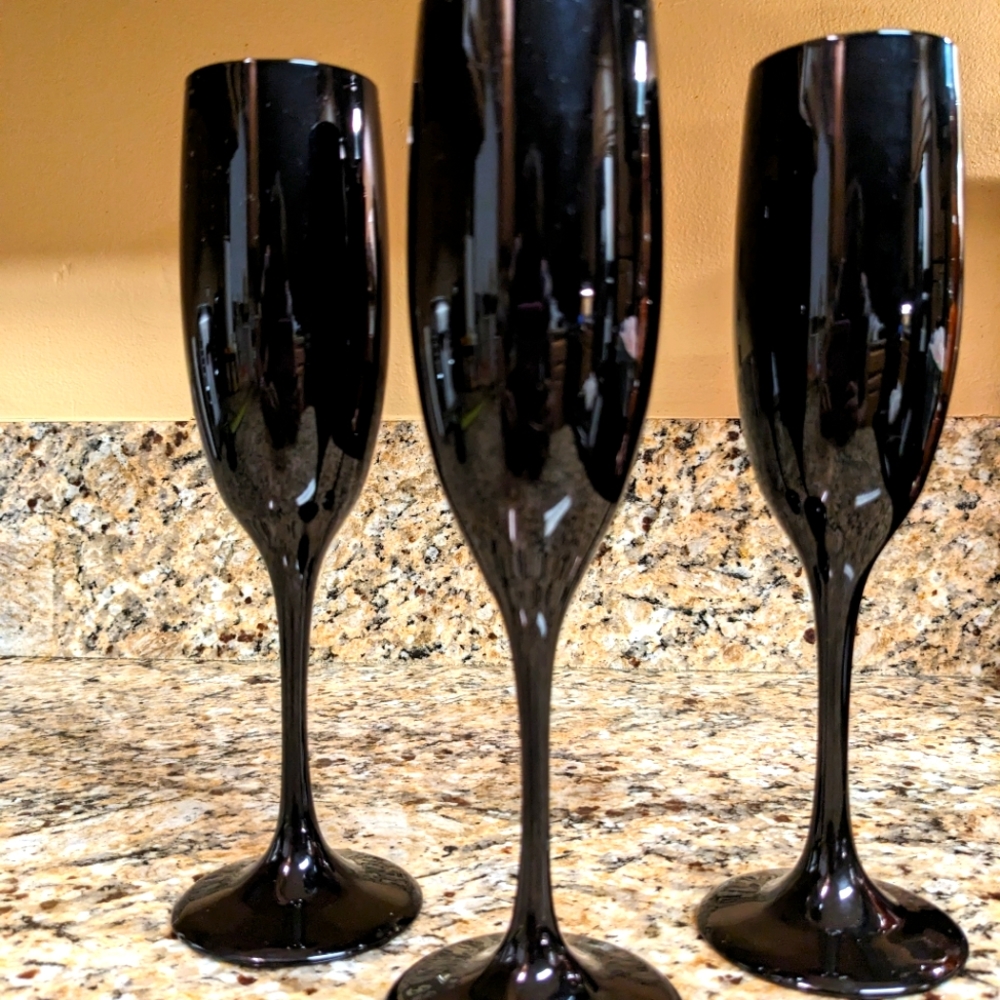 Libbey Black Amethyst Flute Wine  Champagne Glasses - 3x - Excellent Con…